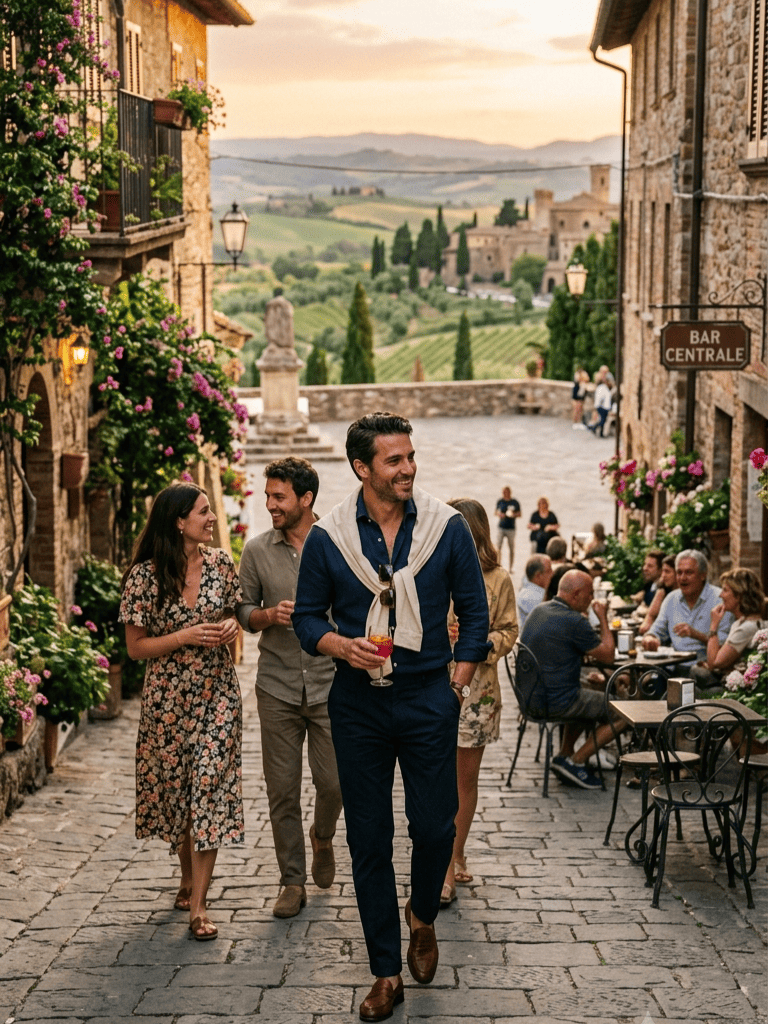 Uomo elegante Cadini durante un weekend in Italia con blazer destrutturato e pantaloni sartoriali.